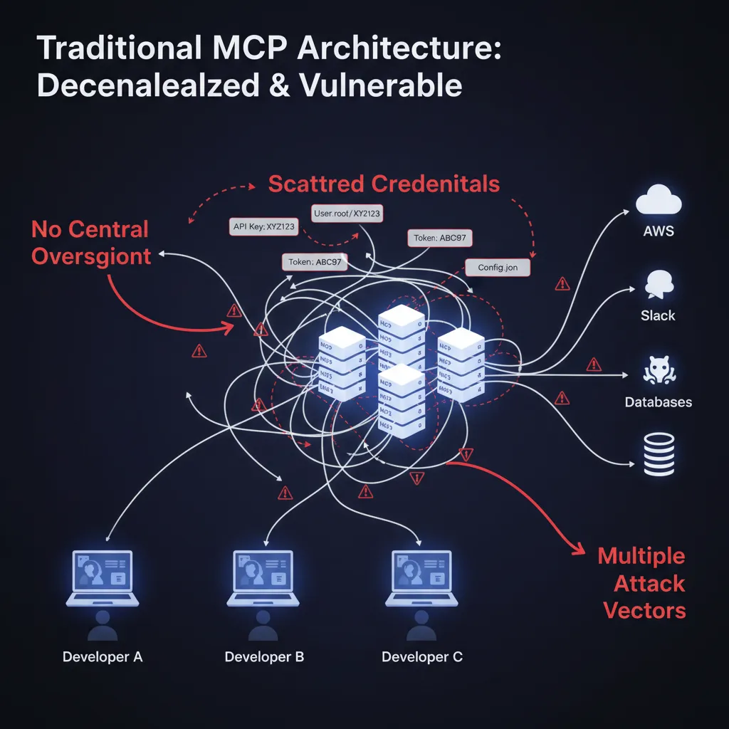 Diagram showing decentralized MCP architecture with potential security vulnerabilities