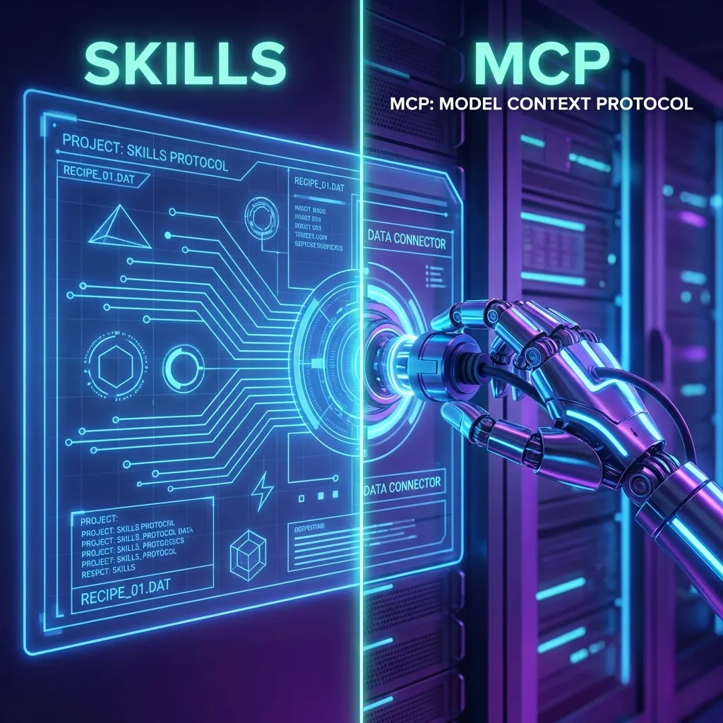 Comparison diagram showing Skills as procedural knowledge recipes and MCP as interoperability tools for AI agents