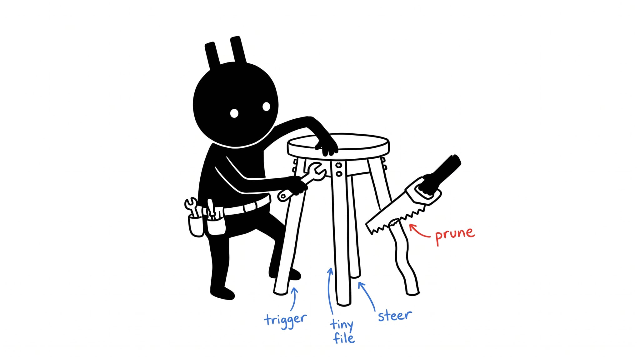 Hand-drawn illustration of the portling pruning a fifth leg off a four-legged skill stool