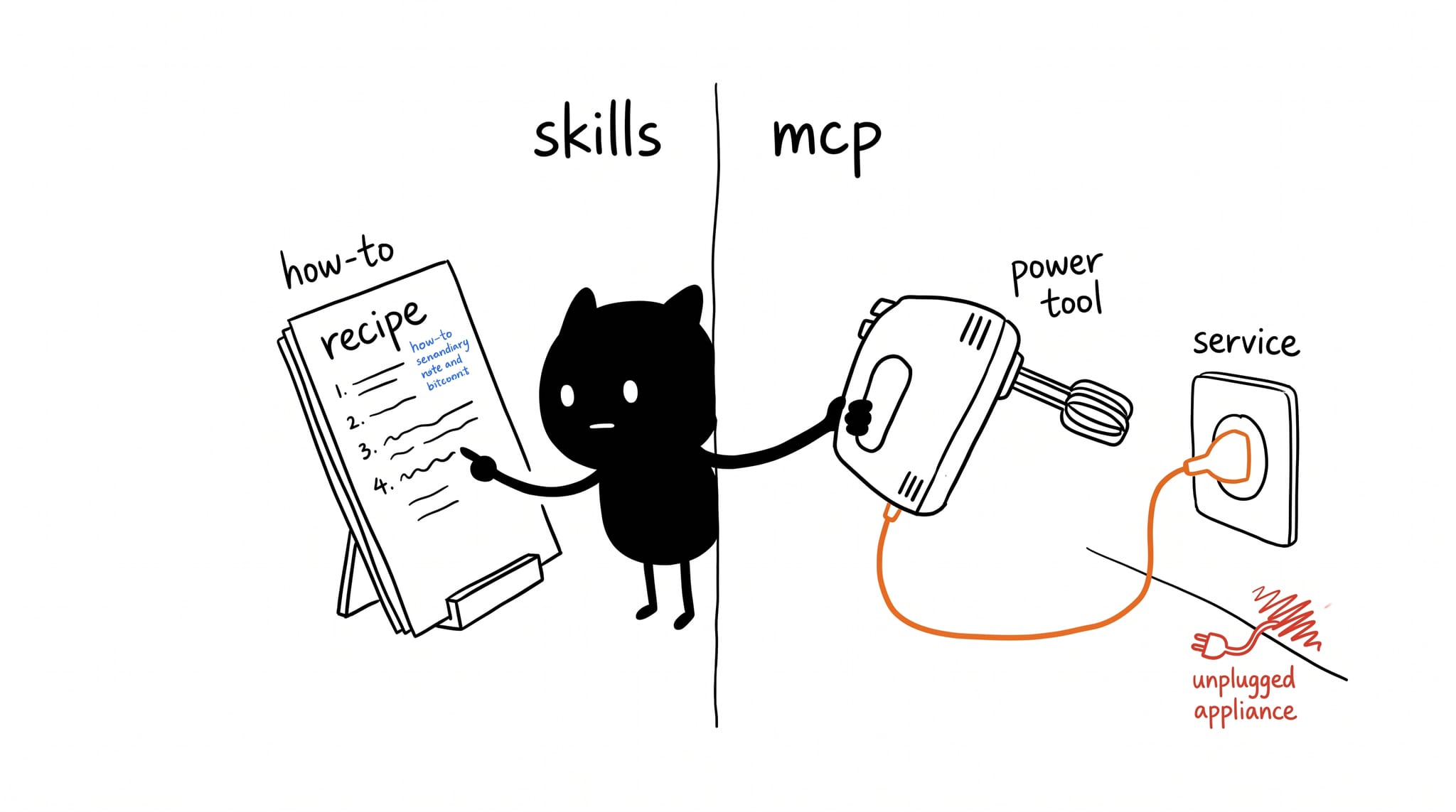 Hand-drawn illustration of a small black creature split between reading a recipe card labeled how-to on the skills side and operating a plugged-in power tool on the mcp side, with an unplugged appliance rejected in red