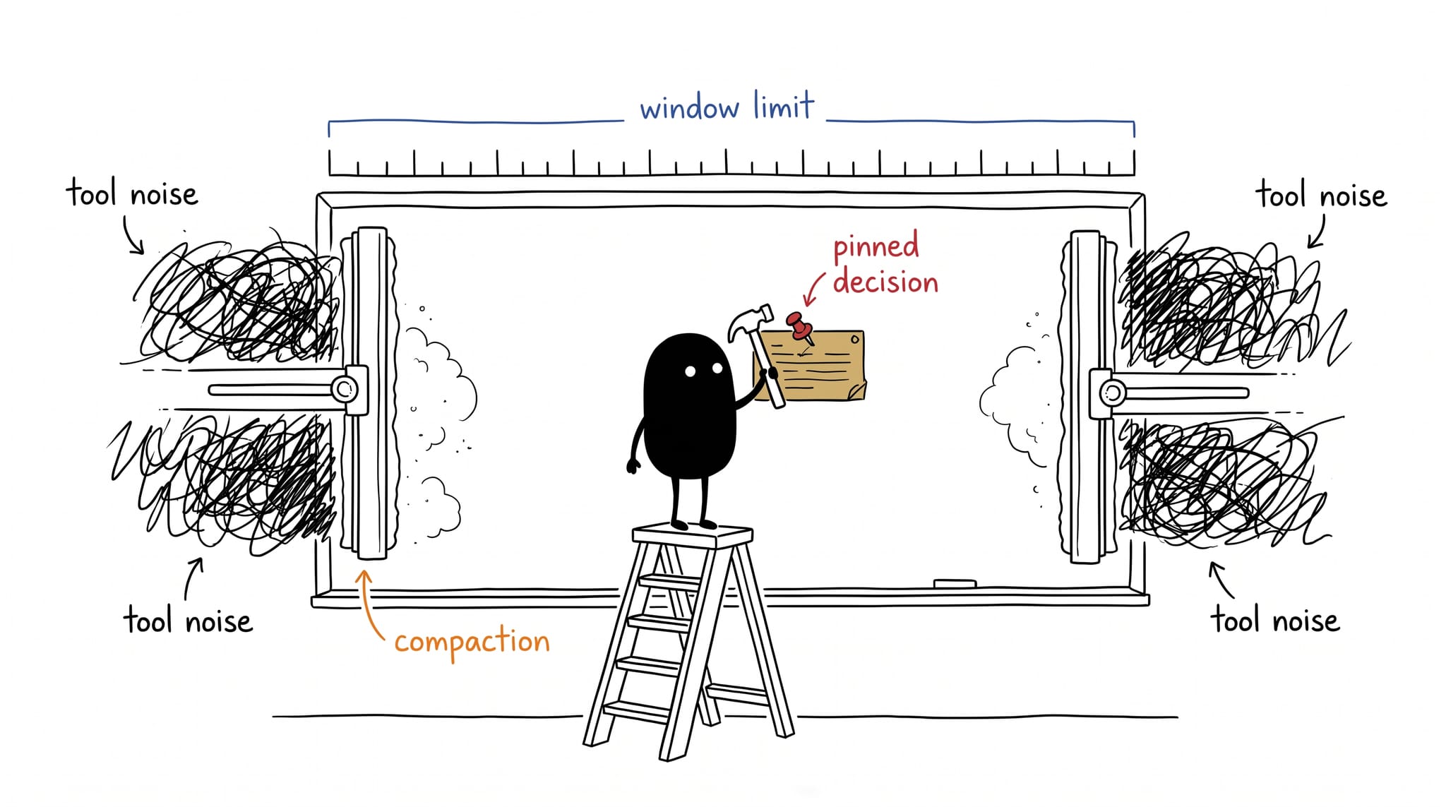 Hand-drawn line illustration: the little black creature stands on a stepladder hammering a pushpin into a decision card on a whiteboard, protecting it while a rolling compaction eraser clears tool noise
