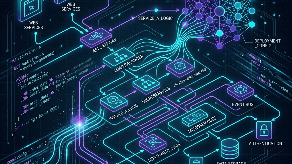 Sleek tech illustration of an AI agent scanning and processing system architecture diagrams and code