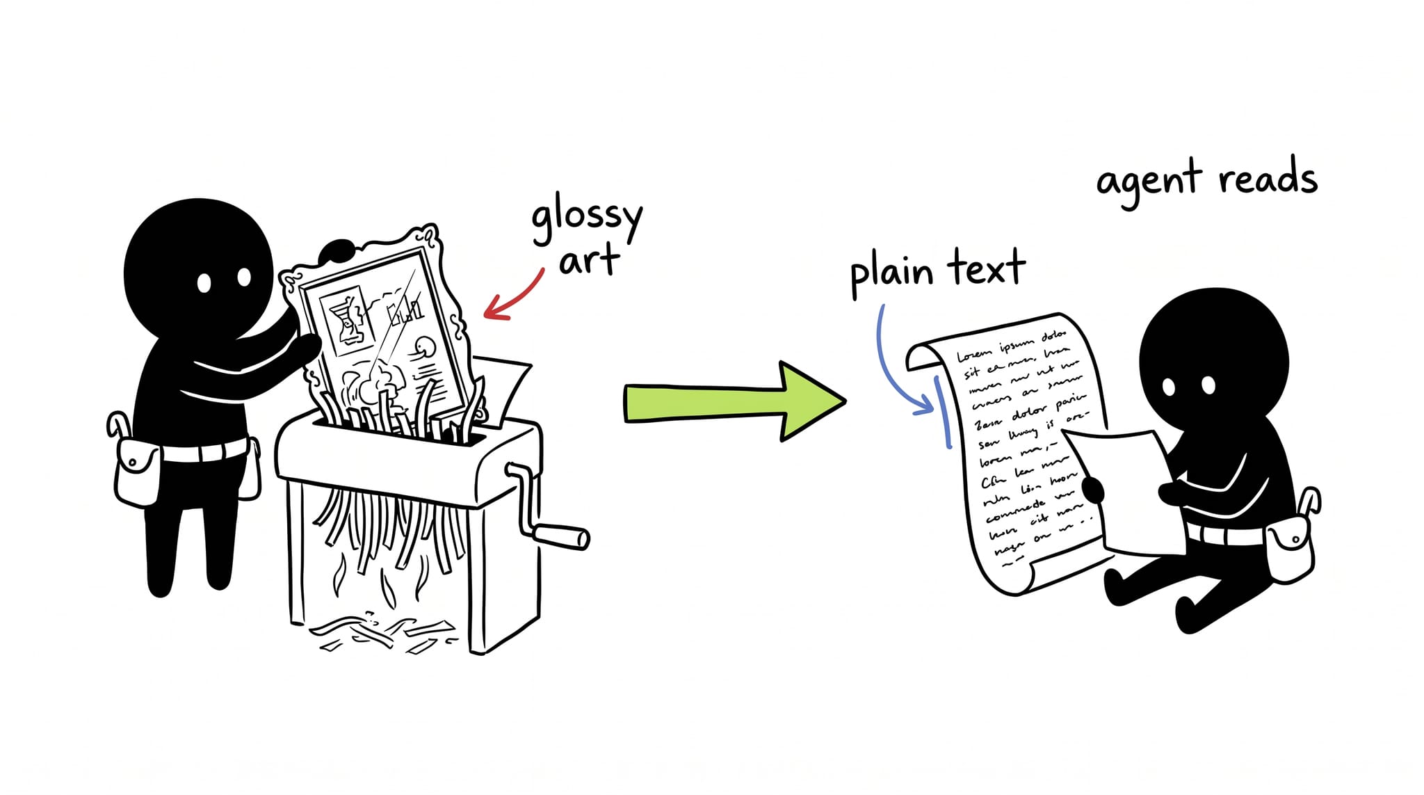 Hand-drawn illustration of the portling shredding a glossy diagram and reading a plain text scroll