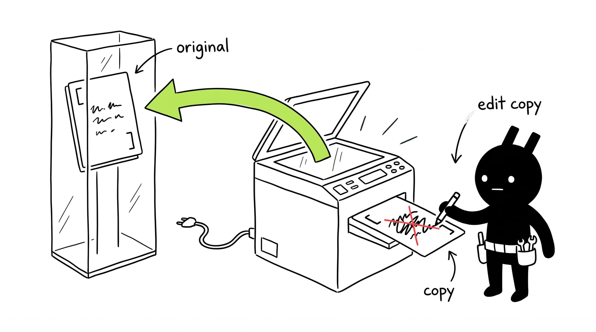 Hand-drawn illustration of the portling editing a photocopied array while the original stays pristine
