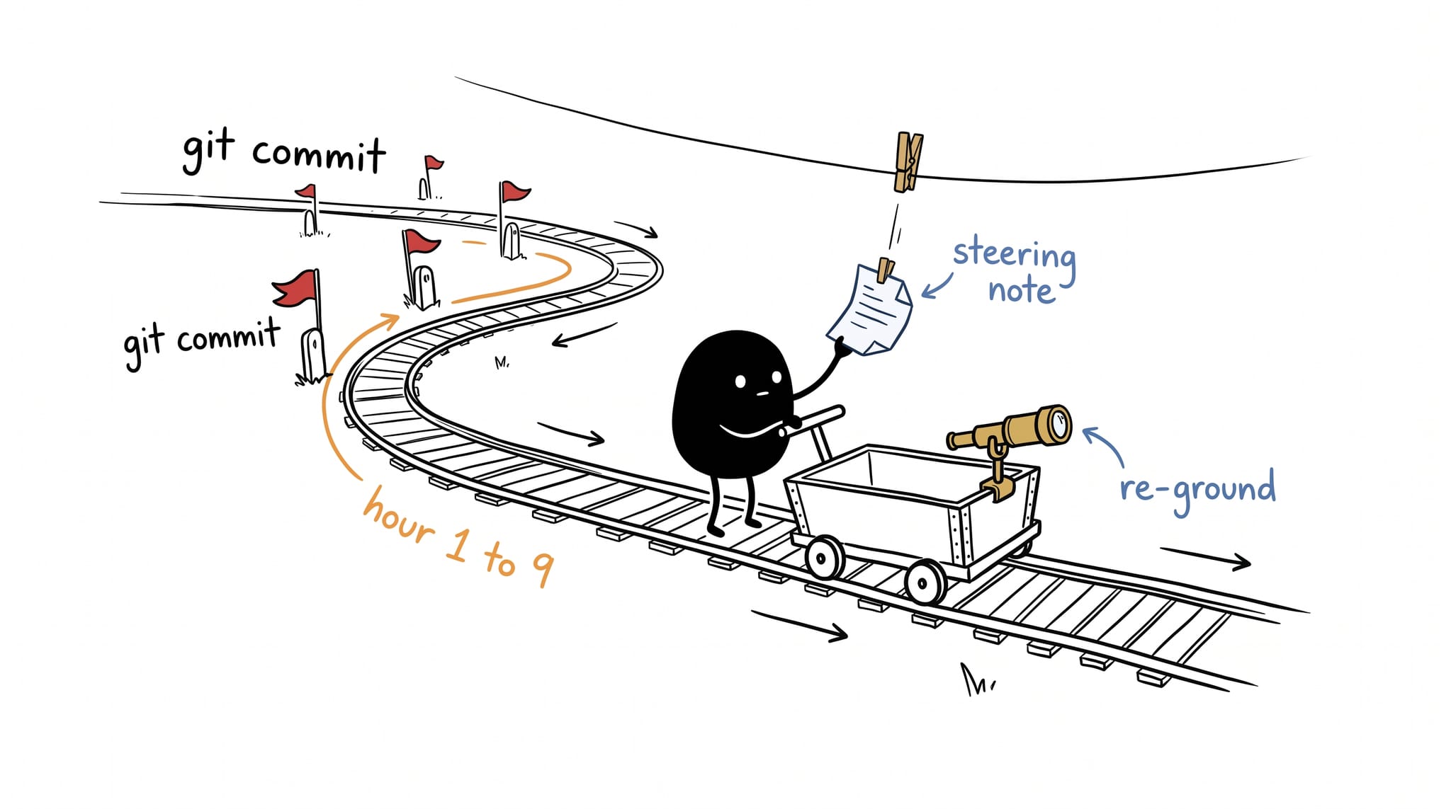 Hand-drawn line illustration: the little black creature pushes a rail cart along a winding track from hour 1 to 9, passing milestone git commit flags while reaching for an overhead steering note
