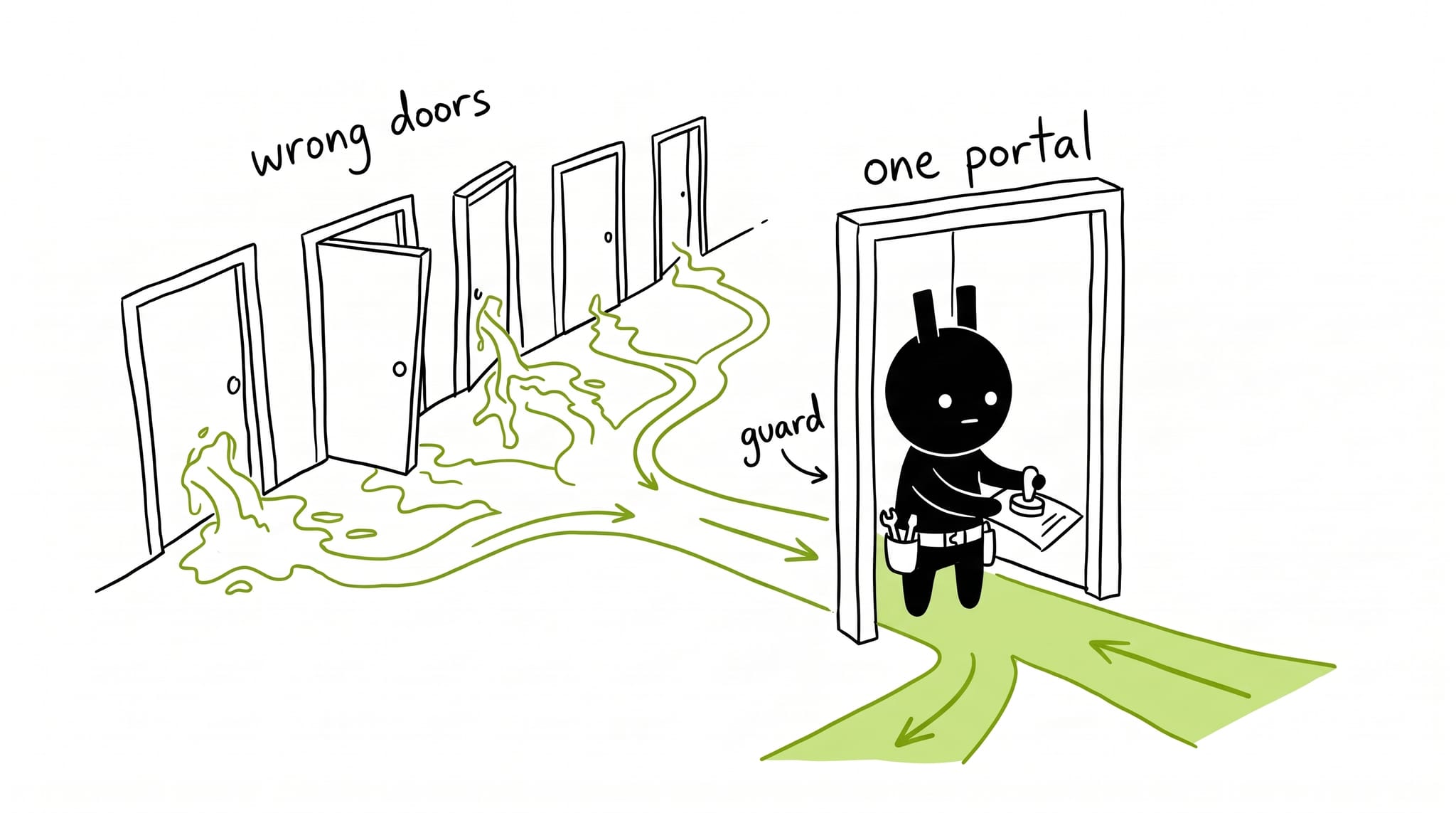 Hand-drawn illustration of the portling guarding a single MCP doorway against a row of wrong doors