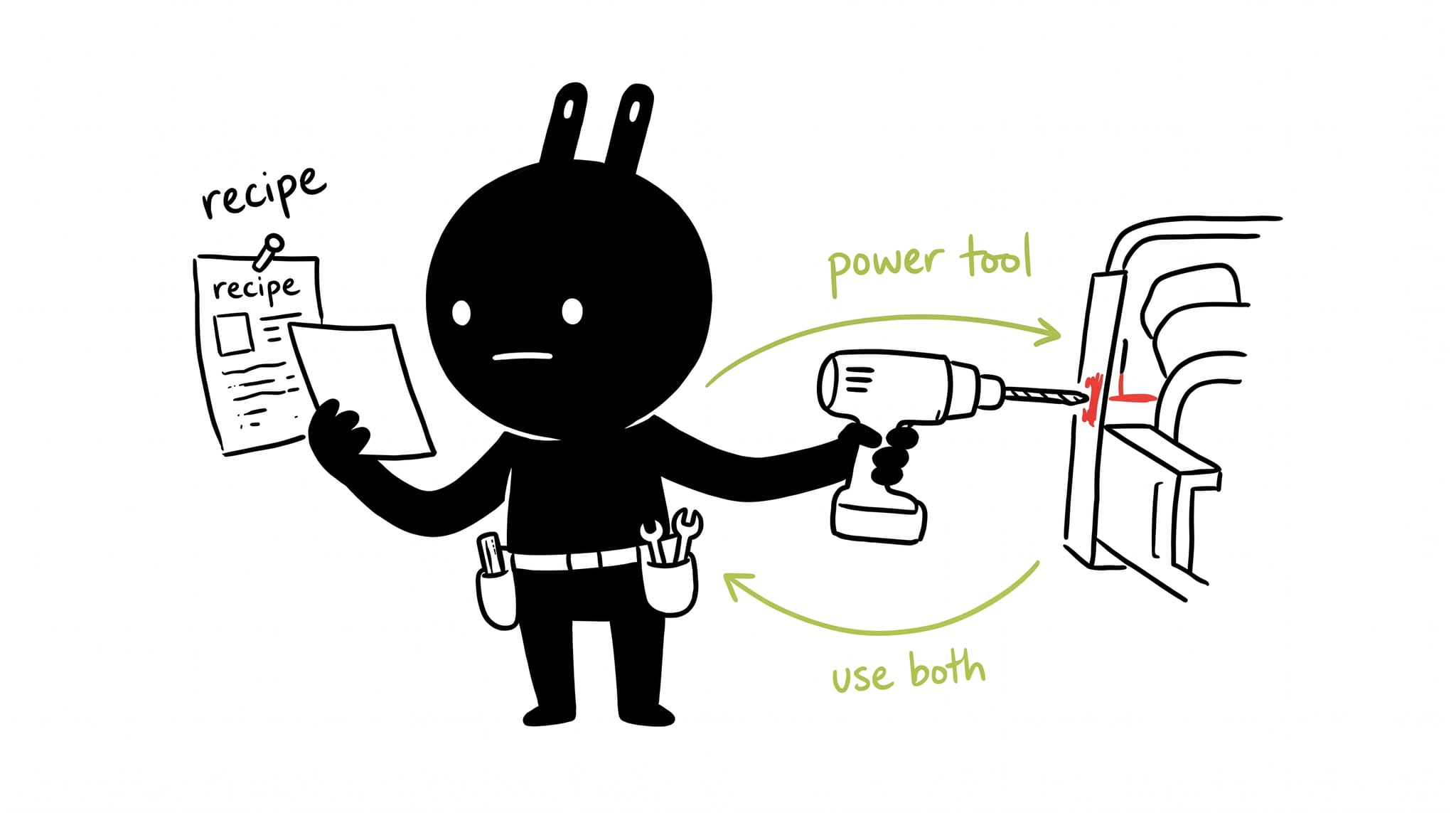 Hand-drawn illustration of the portling cooking from a recipe while drilling with a power tool